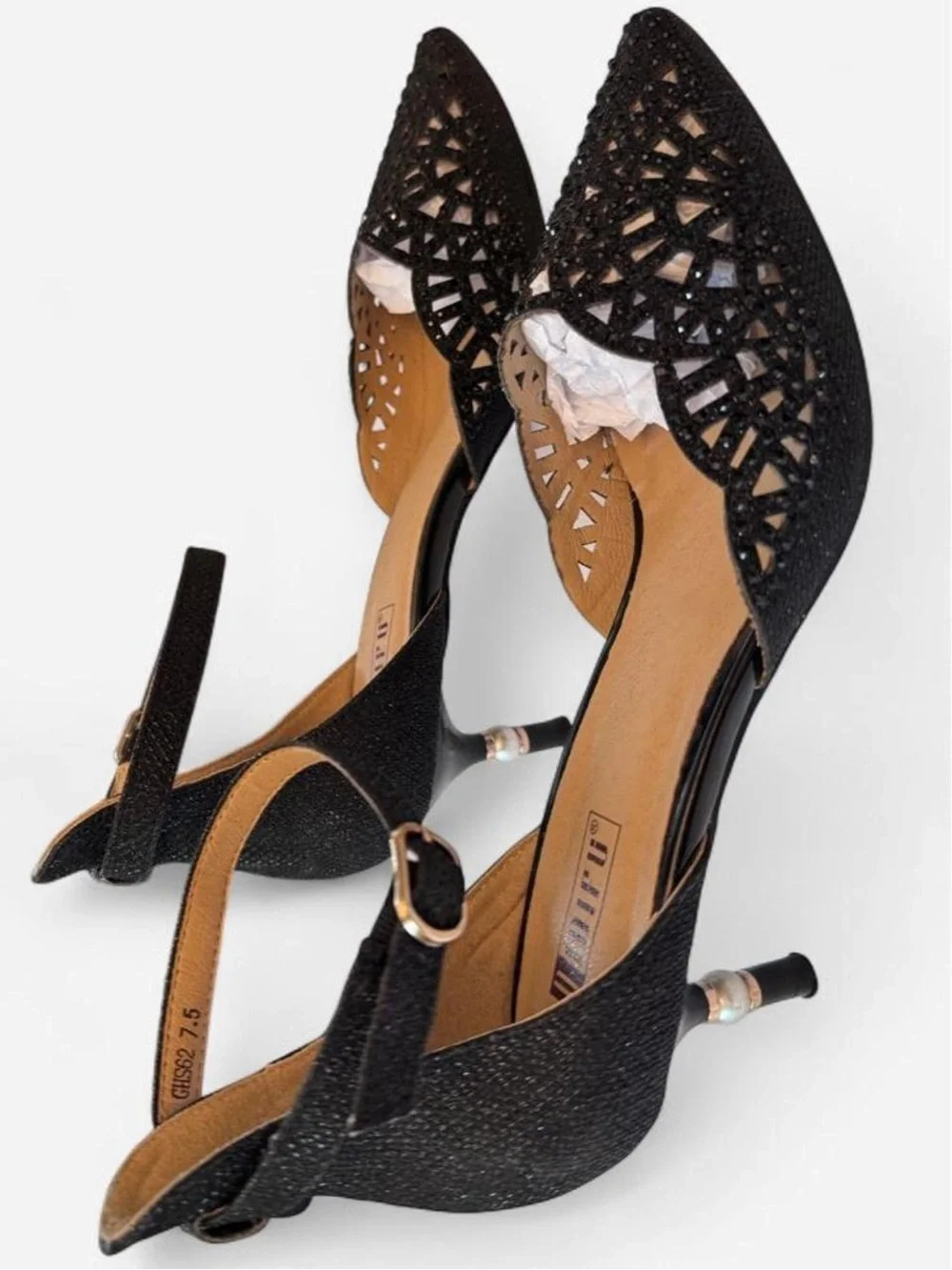 IDIFU Black Rhinestone Pearl Accent Ankle Strap Heels Size 7.5